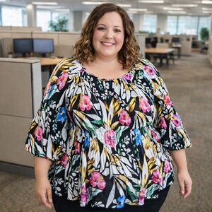 Sunny Leigh 2X Tropical Floral Boho Flowy Peplum Top Plus Size